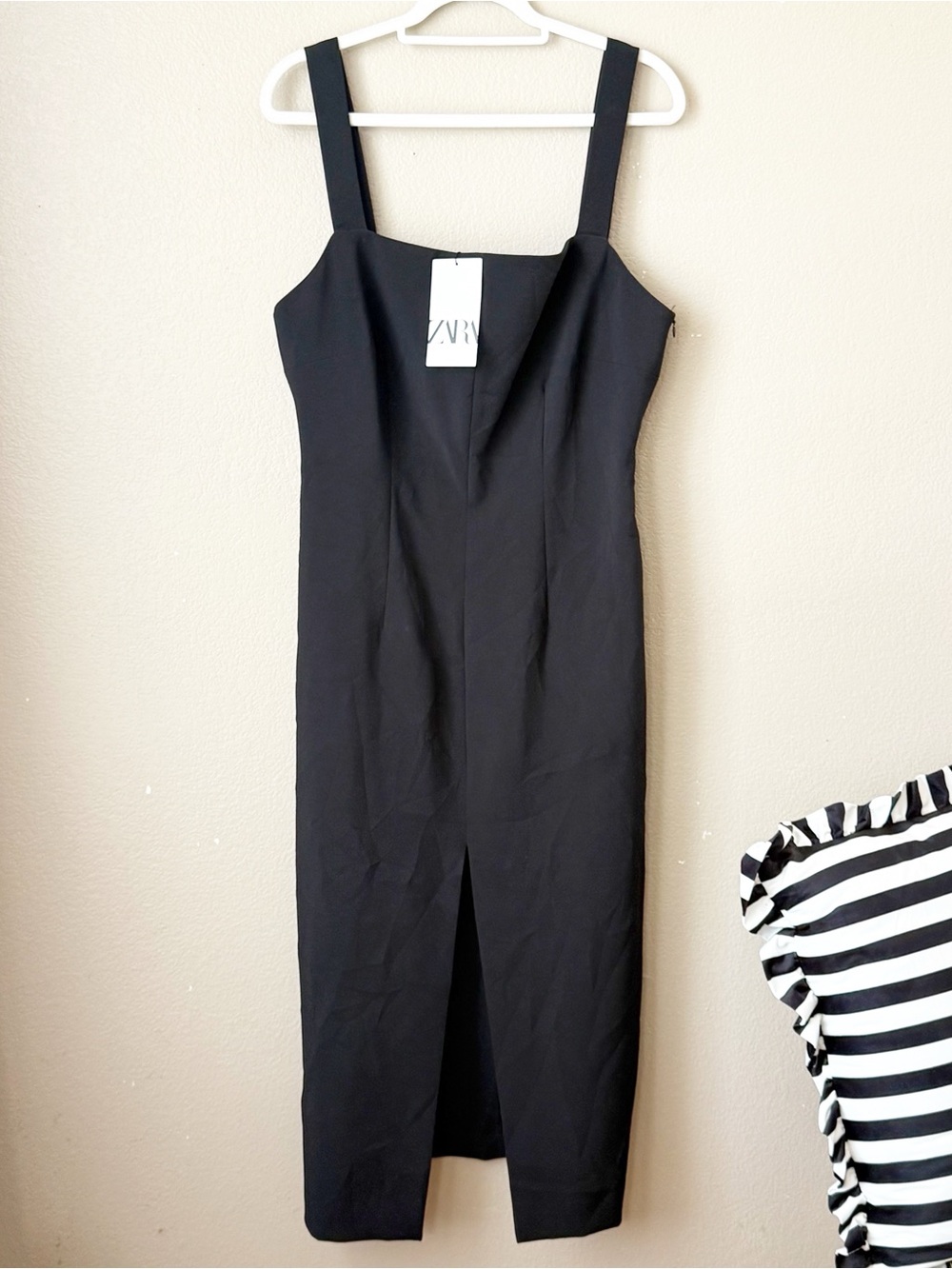 NWT Zara Black Square-Neck Midi Dress with Front Slit size XL